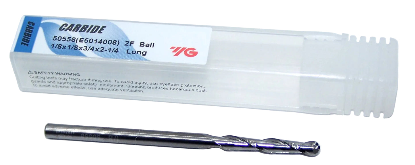 50558 YG1 1/8" Carbide 2 Flute End Mill Ball End .125" Diameter .750" Flute 2.25" Length .125" Shank