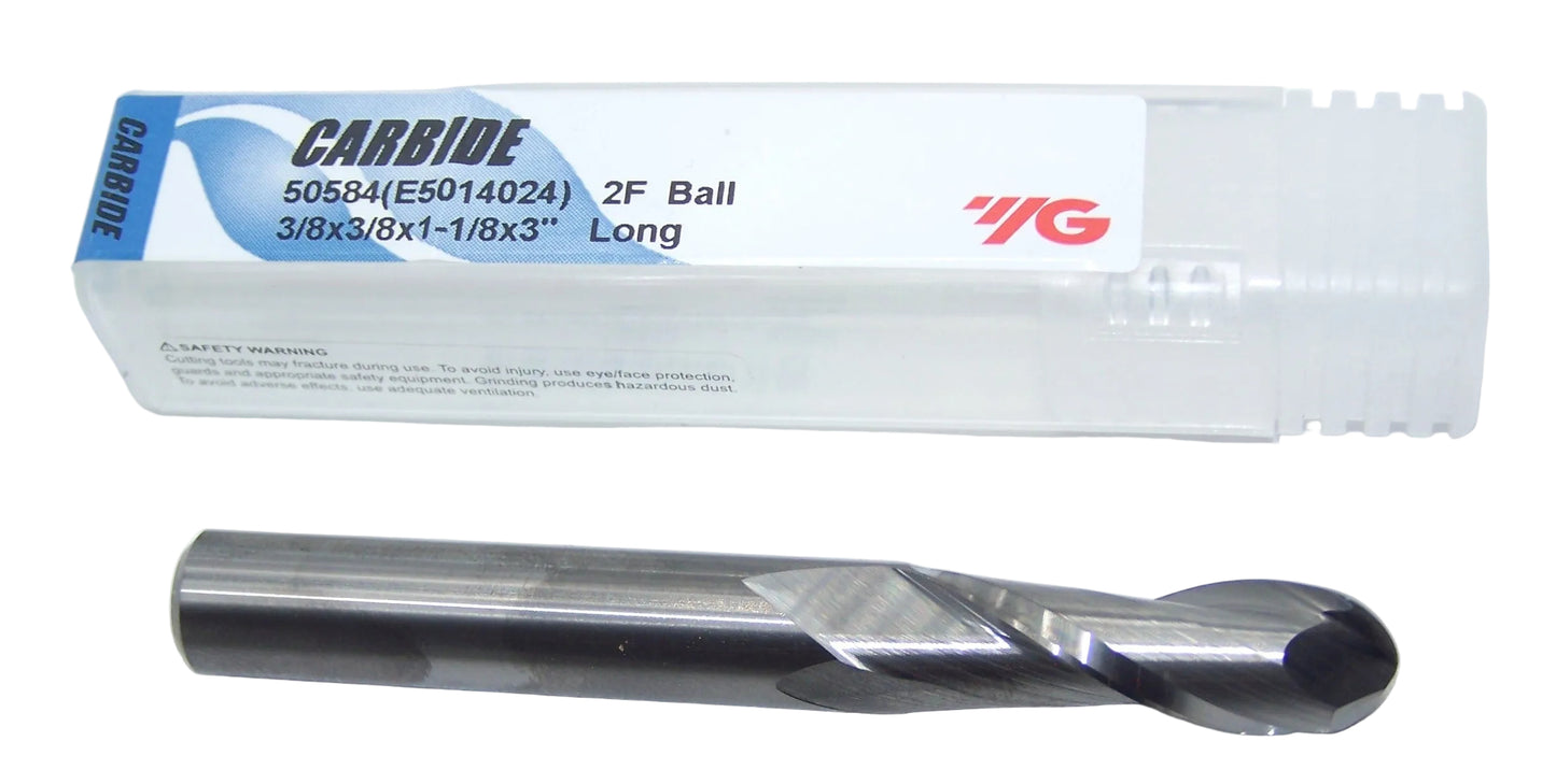 50584 YG1 3/8" Carbide 2 Flute End Mill Ball End .375" Diameter 1.125" Flute 3.00" Length .375" Shank
