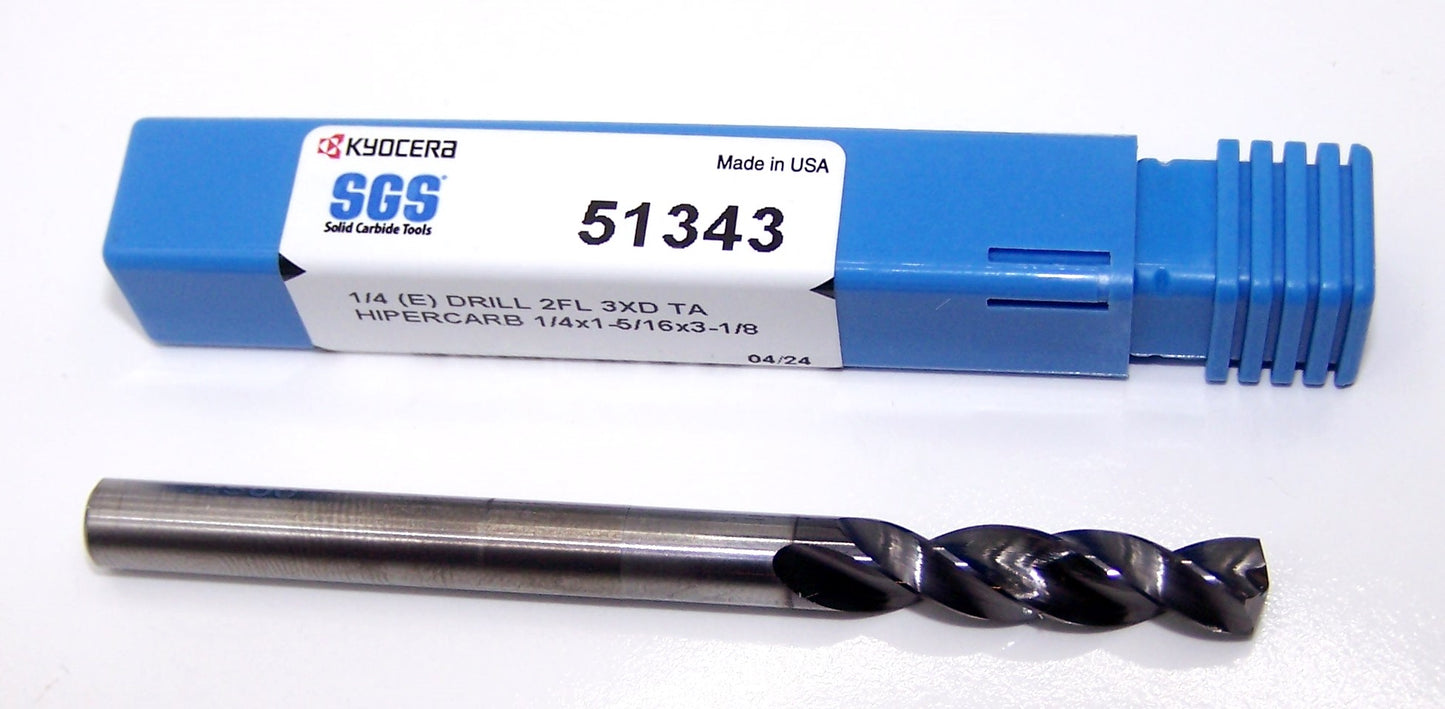 51343 SGS Carbide 1/4" Carbide Drill 2 Flute External Coolant AlTiN .2500" Diameter 1.325" Flute 3.125" Length .250" Shank 145° Point