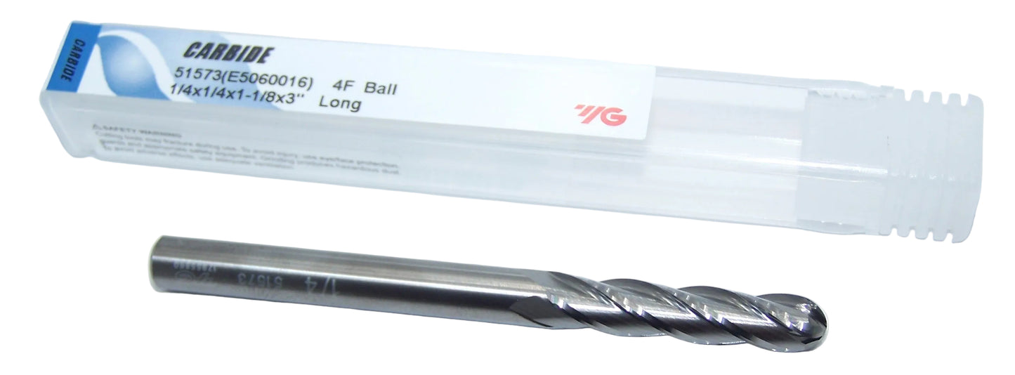 51573 YG1 1/4" Carbide 4 Flute End Mill Ball End .250" Diameter 1.125" Flute 3.00" Length .250" Shank