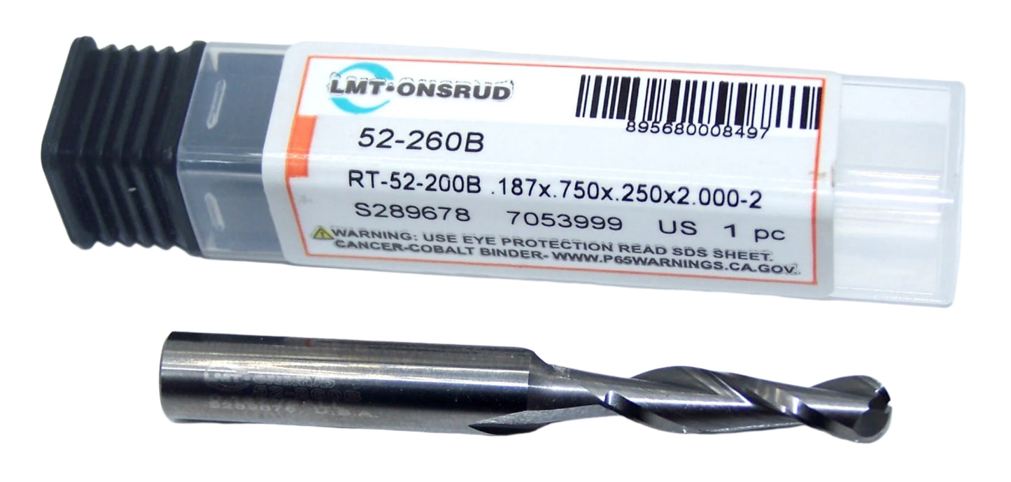 52-260B Onsrud 3/16" Carbide 2 Flute Router End Mill Ball End .1875" Diameter .750" Flute 2.00" Length .250" Shank