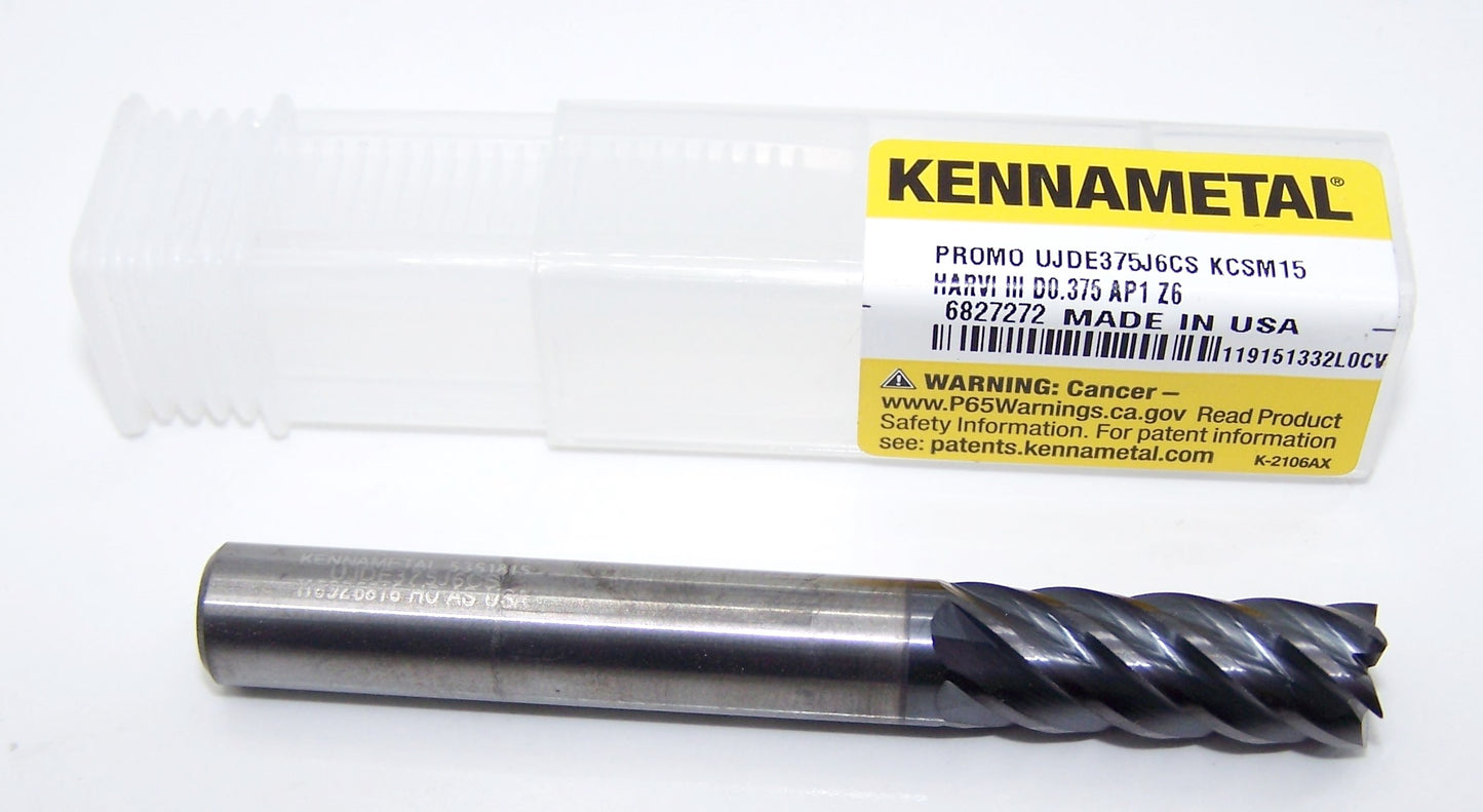 UJDE375J6CS KCSM15 Kennametal 3/8" Carbide 6 Flute End Mill .375" Diameter 1.00" Flute 3.0" Length .375" Shank HARVI III 5351815