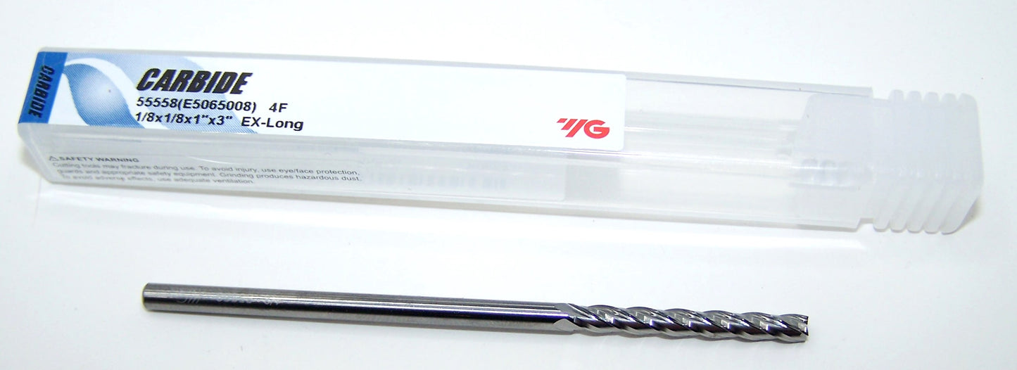 55558 YG1 1/8" Carbide 4 Flute End Mill SQ Long .125" Diameter 1.00" Flute 3.00" Length .125" Shank