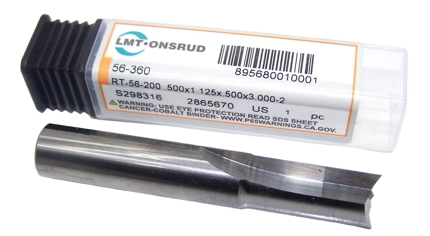 56-360 Onsrud 1/2" Carbide 2 Flute Straight Flute Up Cut Router .500" Diameter 1.125" Flute 3.00" Length .500" Shank