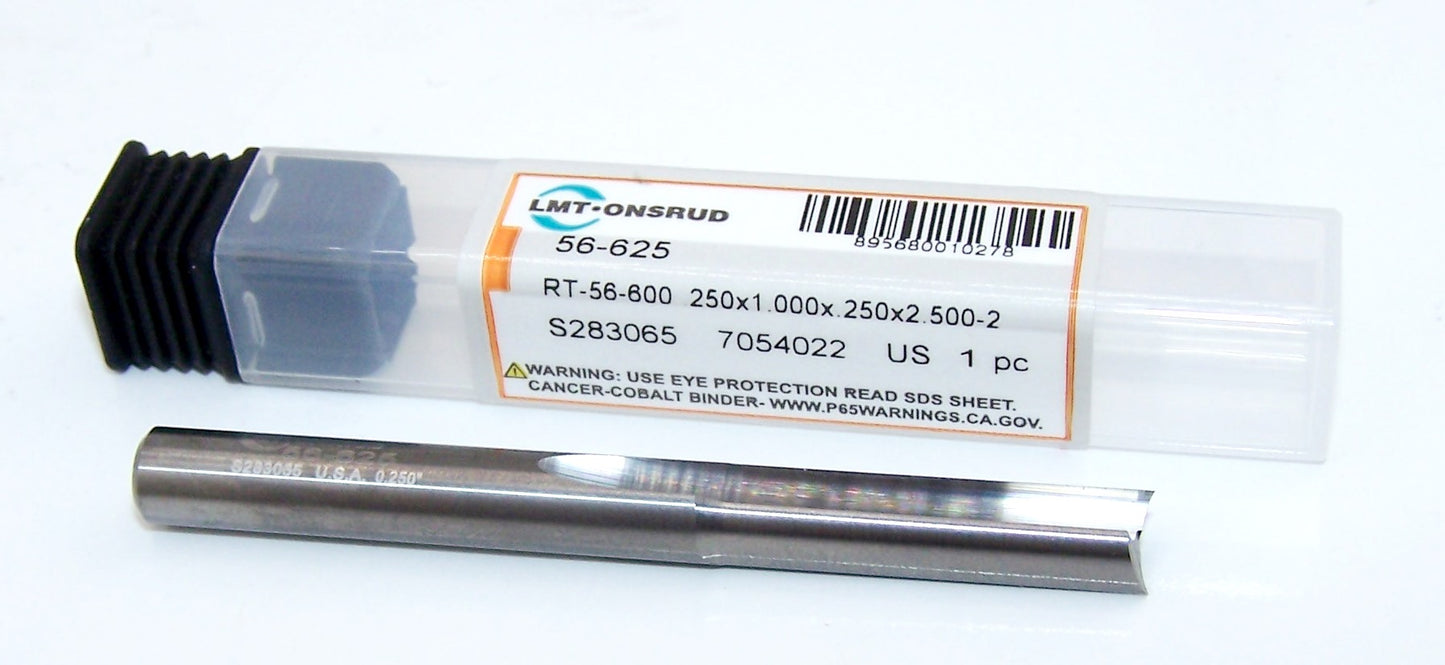 56-625 Onsrud 1/4" Carbide 2 Flute Router Straight O Flute .250" Diameter 1.00" Flute 2.50" Length .250" Shank