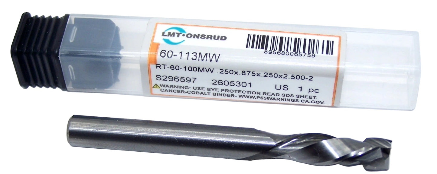 60-113MW Onsrud 1/4" Carbide Compression Router 2 Flute Maximum Wear .250" Diameter .875" Flute 2.50" Length .250" Shank for Laminated Wood