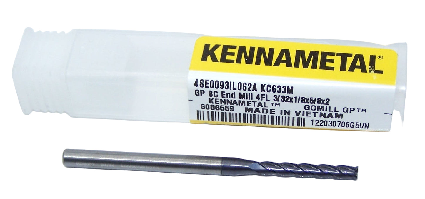 4SE0093IL062A KC633M Kennametal 3/32" Carbide 4 Flute End Mill .0938" Diameter .625" Flute 2.00" Length .125" Shank GoMIll 6086559