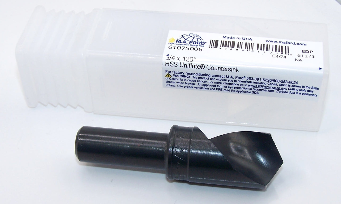 61075006 MaFord 120° Point HSS Countersink 1 Flute 3/4" Diameter 1/2" Shank 2-3/4" Length