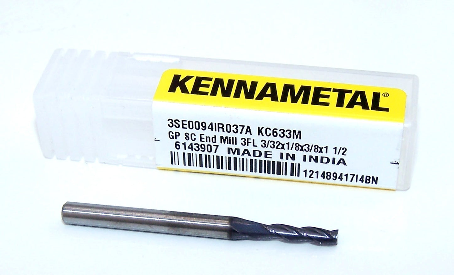 3SE0094IR037A KC633M Kennametal 3/32" Carbide 3 Flute End Mill .0938" Diameter .375" Flute 1.50" Length .125" Shank GoMIll 6143907