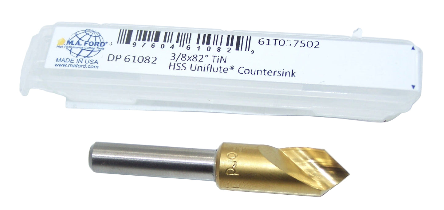 61T037502 MAFord 82° Countersink HSS Uniflute TiN .375" Diameter 2.00" Length .250" Shank (61082)