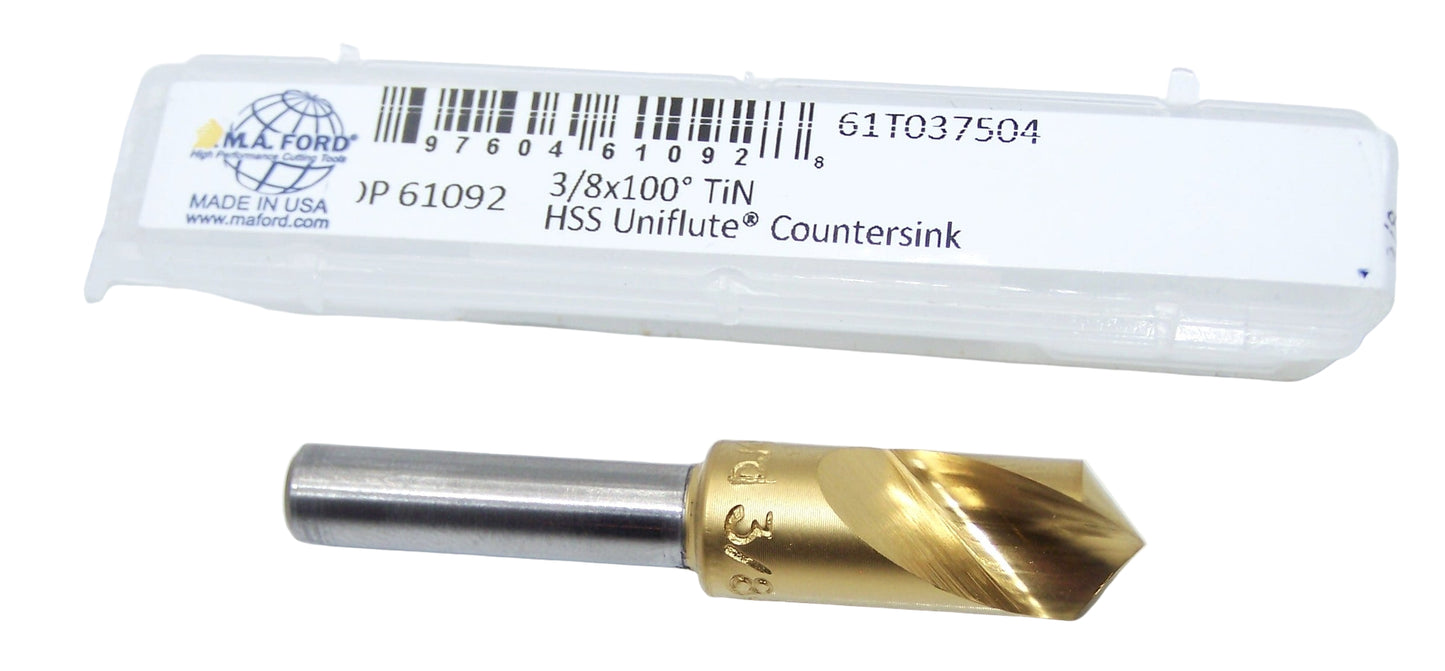 61T037504 MAFord 100° Countersink HSS Uniflute TiN .375" Diameter 2.00" Length .250" Shank (61092)