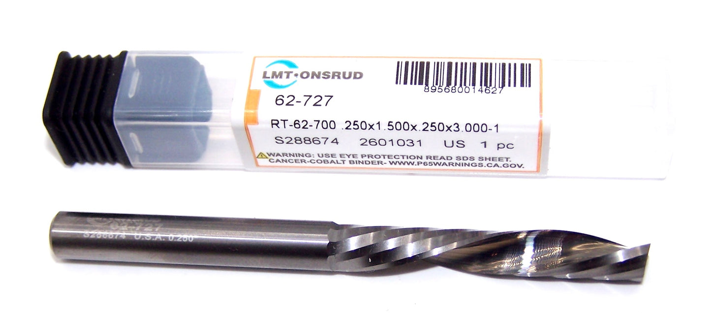 62-727 Onsrud 1/4" Carbide Downcut Router 1 Flute "O" Flute .250" Diameter 1.50" Flute 3.00" Length .250" Shank