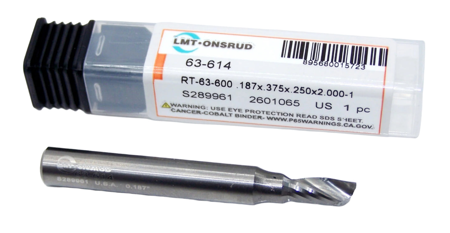 63-614 Onsrud 3/16" Carbide 1 Flute Router for Aluminum .1875" Diameter .375" Flute 2.00" Length .250" Shank