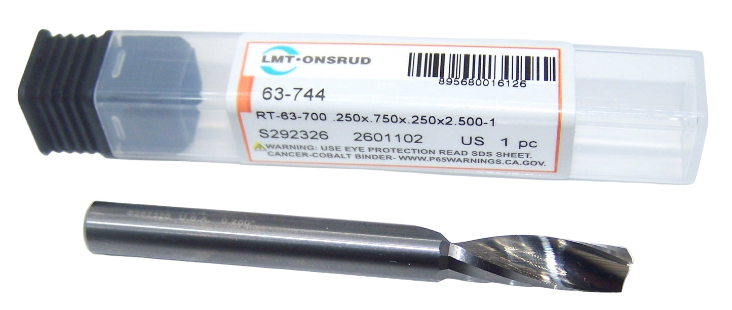63-744 Onsrud 1/4" Carbide Upcut Router 1 Flute "O" Flute for bottom finish .250" Diameter 0.750" Flute 2.50" Length .250" Shank