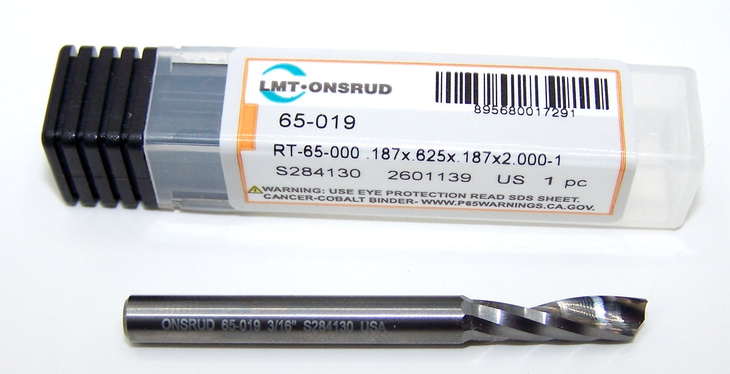65-019 Onsrud 3/16" Carbide Single "O" Flute Router .1875" Diameter .625" Flute 2.00" Length .188" Shank for Plastic and Wood