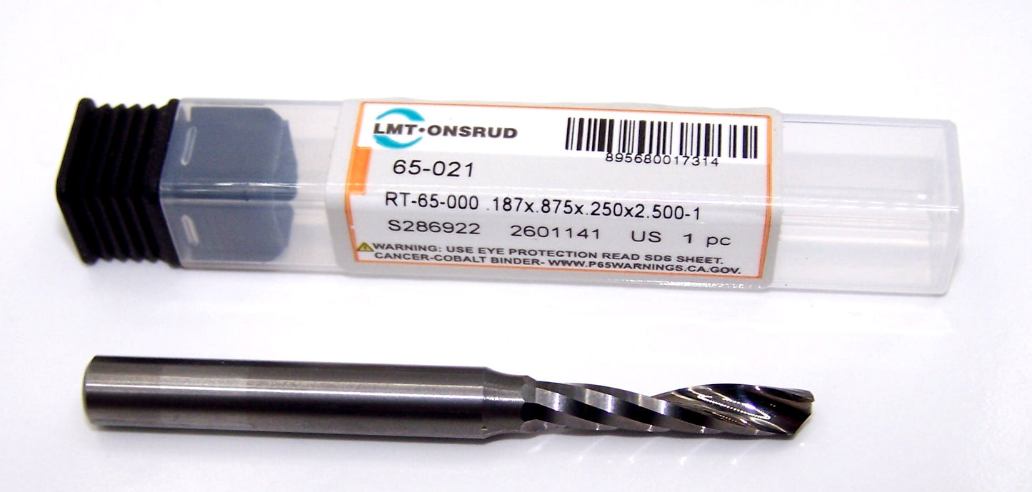 65-021 Onsrud 3/16" Carbide Upcut Router 1 Flute .1875" Diameter 0.8750" Flute 2.50" Length .250 Shank