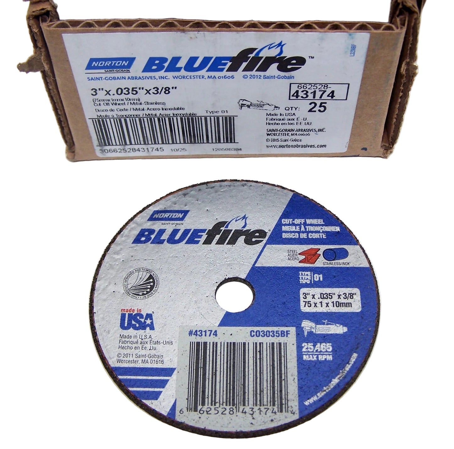 66252843174 Norton BlueFire 3" Zirconia Cut-off Wheel 3" Diameter .035" Width .375" Arbor Hole (box of 25)