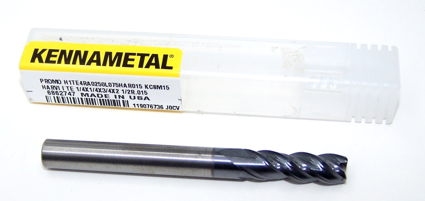 H1TE4RA0250L075HAR015 KCSM15 Kennametal 1/4" Carbide 4 Flute End Mill .015" End Radius .250" Diameter .750" Flute 2.5" Length .250" Shank 6676370