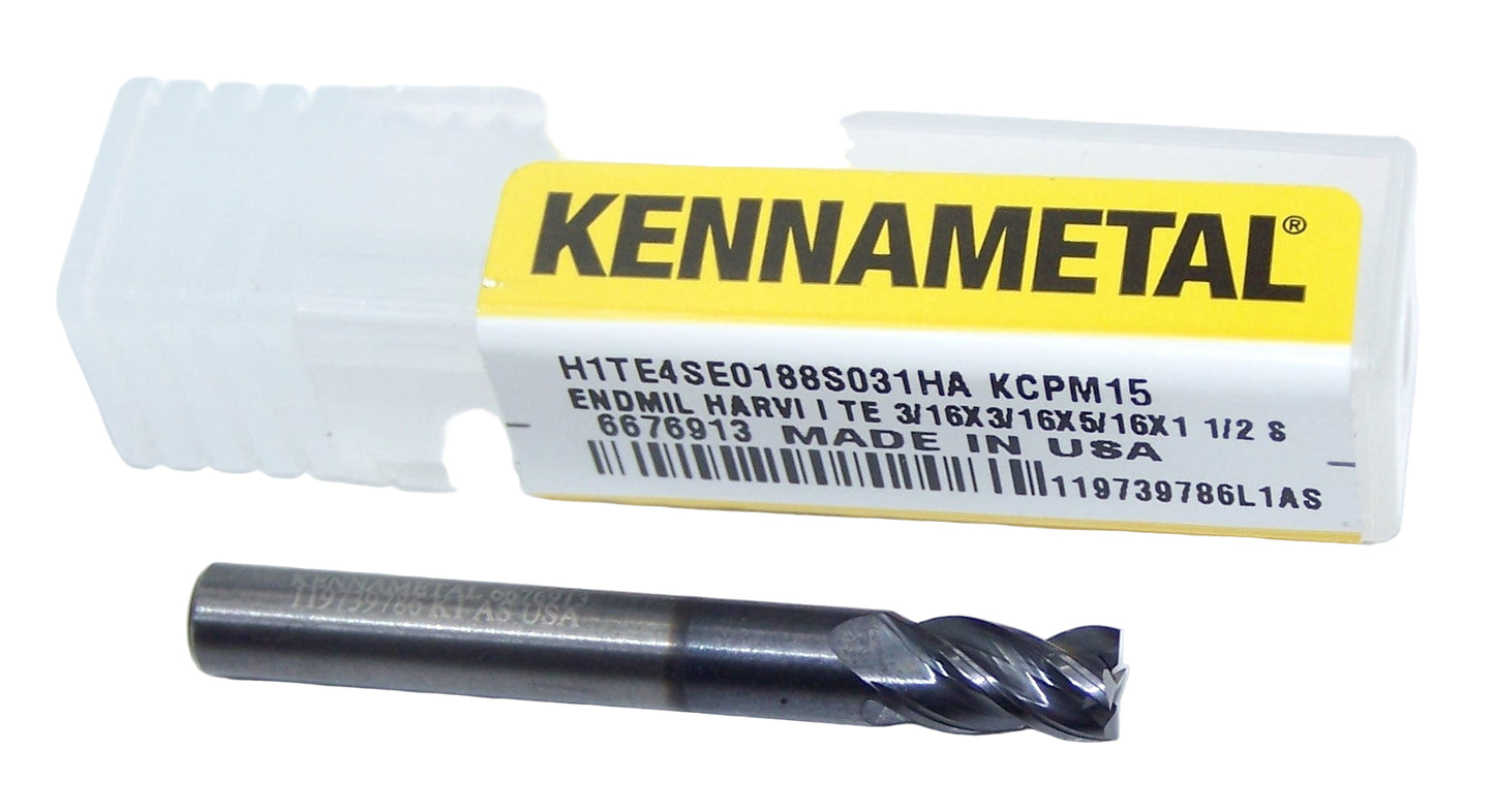 H1TE4SE0188S031HA KCPM15 Kennametal 3/16" Carbide 4 Flute End Mill Square End .1875" Diameter .3125" Flute 1.5" Length .1875" Shank 6676913