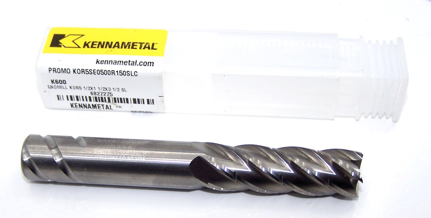 KOR5SE0500R150SLC K600 Kennametal 1/2" Carbide 5 Flute End Mill for high speed Aluminum Milling .500" Diameter 1.50" Flute 3.5" Length .500" Shank