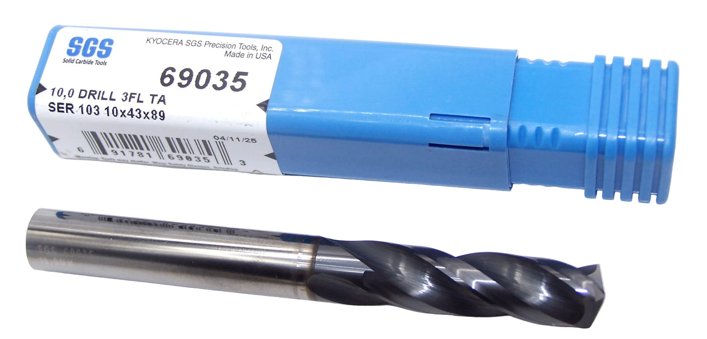 69035 Kyocera SGS 10.00 Carbide 3 Flute Drill AlTiN .3937" Diameter 1.693" Flute 3.50" Length .3937 Shank 150° Point