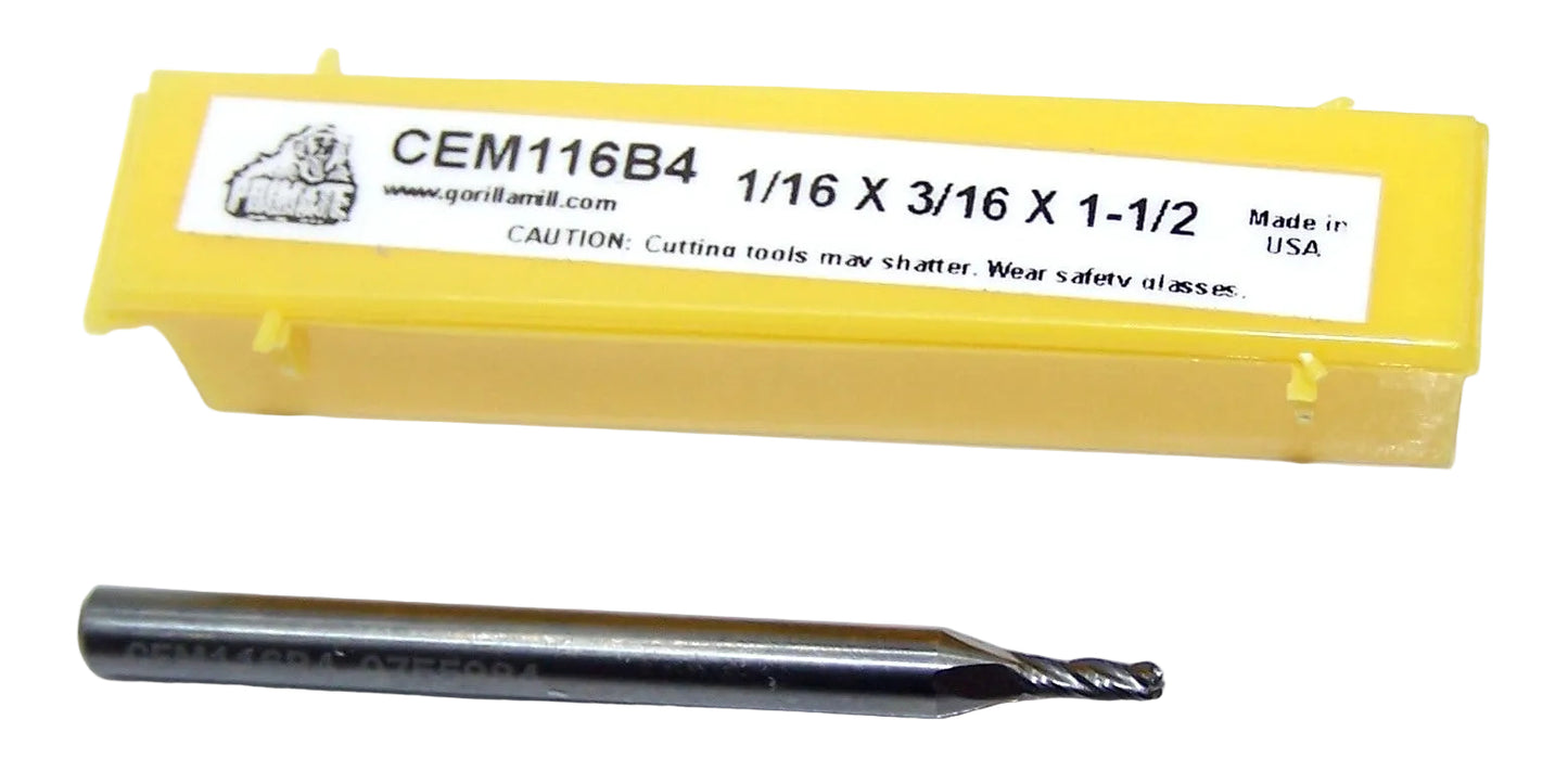 70315 Gorilla Mill 1/16" Carbide 4 Flute End Mill Ball End .1250" Diameter .1875" Flute 1.50" Length .125" Shank PRIMATE