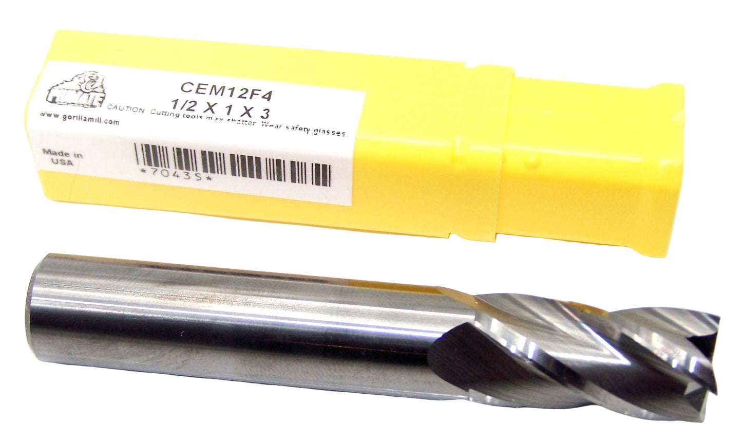 70435 Gorilla Mill 1/2" Carbide 4 Flute End Mill SQ .500" Diameter 1.00" Flute 3.0" Length .500" Shank CEM12F4 Primate
