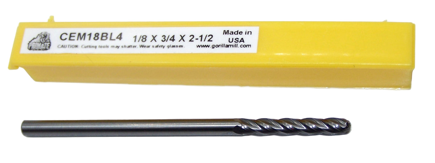 70699 Gorilla Mill 1/8" Carbide 4 Flute End Mill Ball End Extended Length .1250" Diameter .750" Flute 2.50" Length .125" Shank