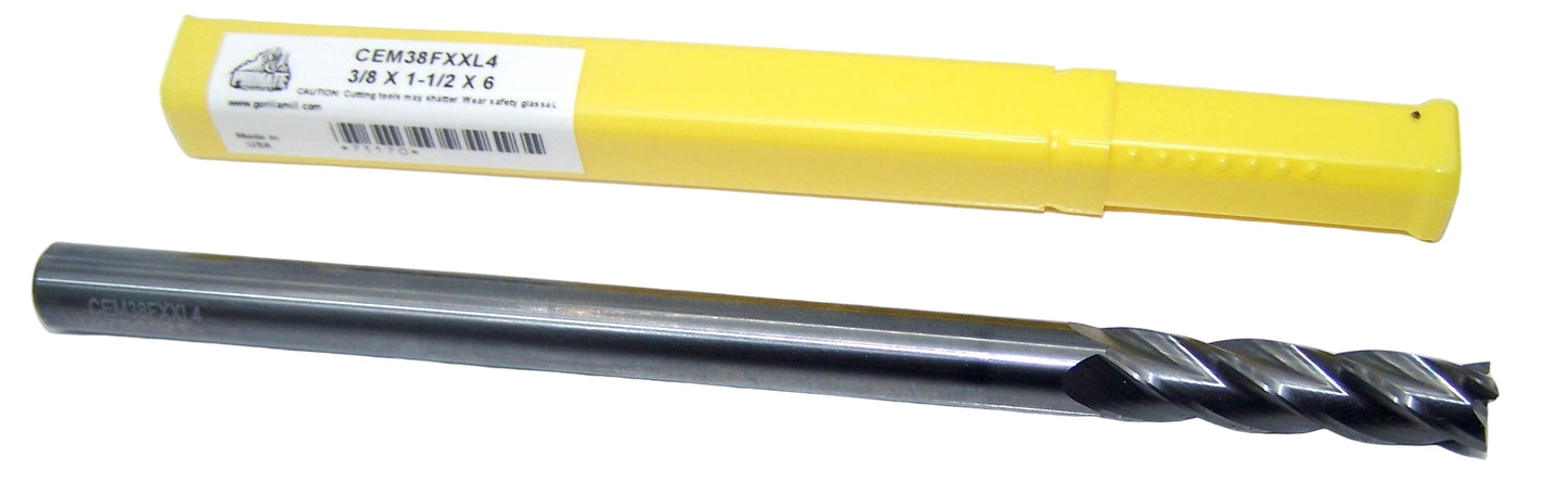 71170 Gorilla Mill 3/8" Carbide 4 Flute End Mill SQ .375" Diameter 1.50" Flute 6.0" Length .375" Shank CEM38FXXL4 Primate