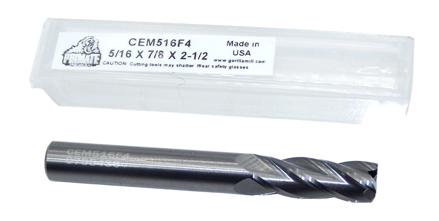 71227 Gorilla Mill 5/16" Carbide 4 Flute End Mill SQ .3125" Diameter .875" Flute 2.5" Length .3125" Shank CEM516F4 Primate