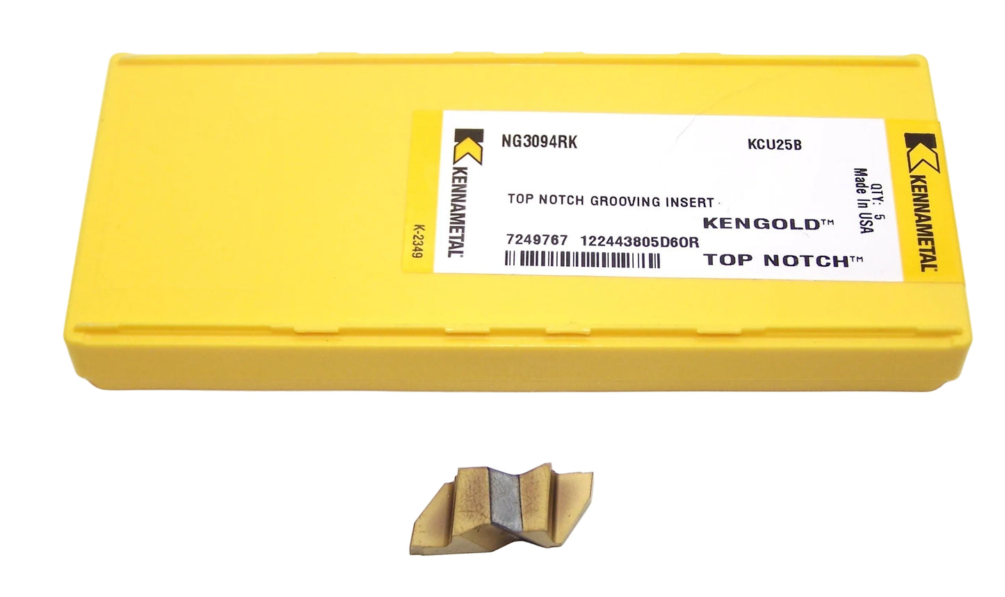NG3094RK KCU25B Kennametal Top Notch Grooving Insert Right Hand Long Reach .094" Width Size 3 - 7249767- Pack of 5