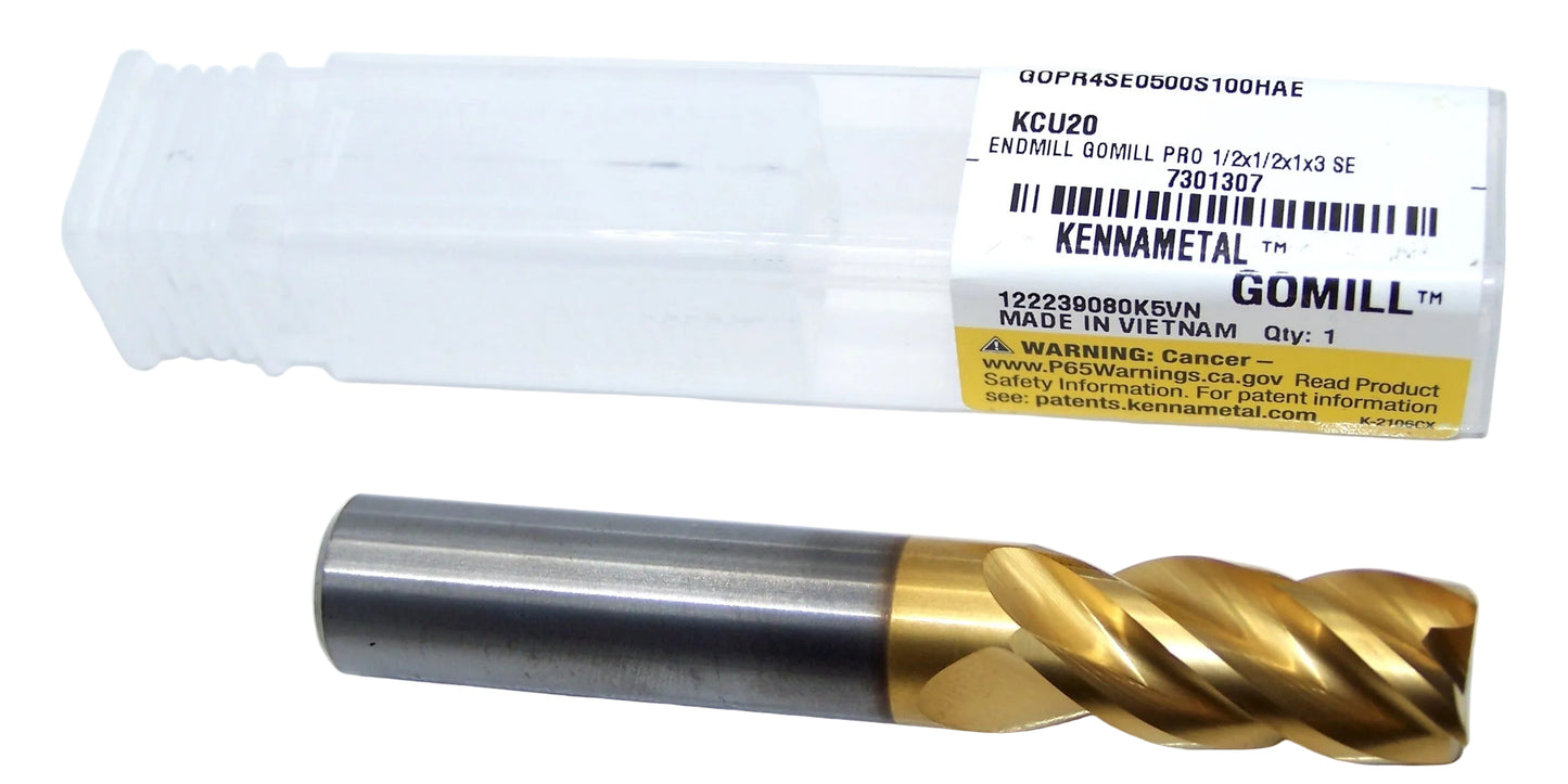 GOPR4SE0500S100HAE KCU20 Kennametal 1/2" Carbide 4 Flute End Mill Square .500" Diameter 1.00" Flute 3.0" Length .500" Shank GOmill™ PRO 7301307