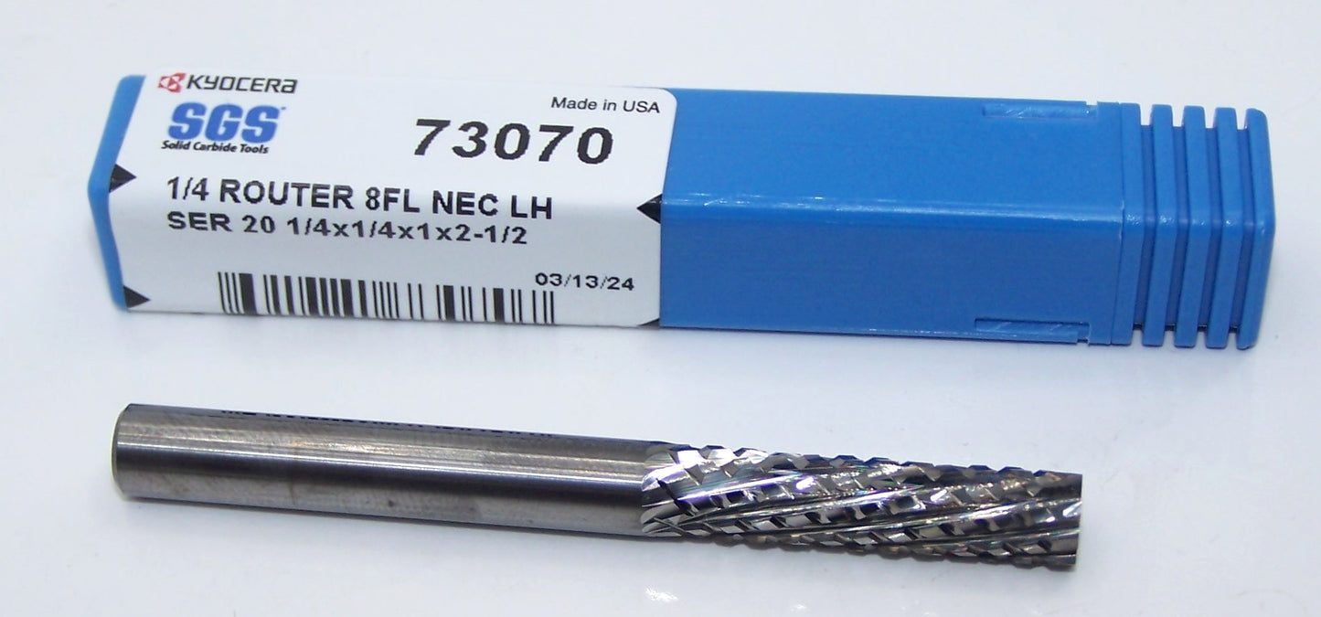 73070 Kyocera SGS 1/4" Carbide CFPR 8 Flute Router Left Cut Square End Bright 0.250" Diameter 1.00" Flute 2.50" Length 0.250" Shank