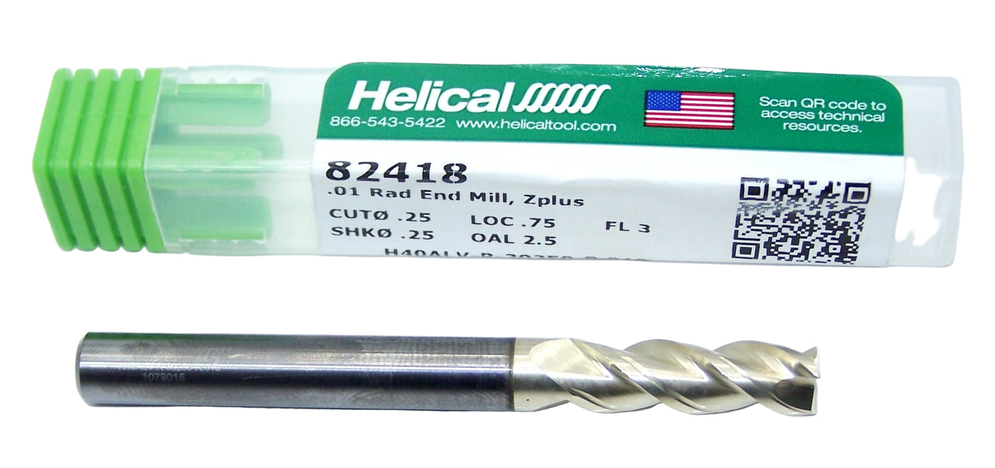 82418 Helical Solutions 1/4" Carbide 3 Flute End Mill 45° Helix for Aluminum .010" Radius .250" Diameter .750" Flute 2.5" Length .250" Shank H40ALV-R-30250-R.010