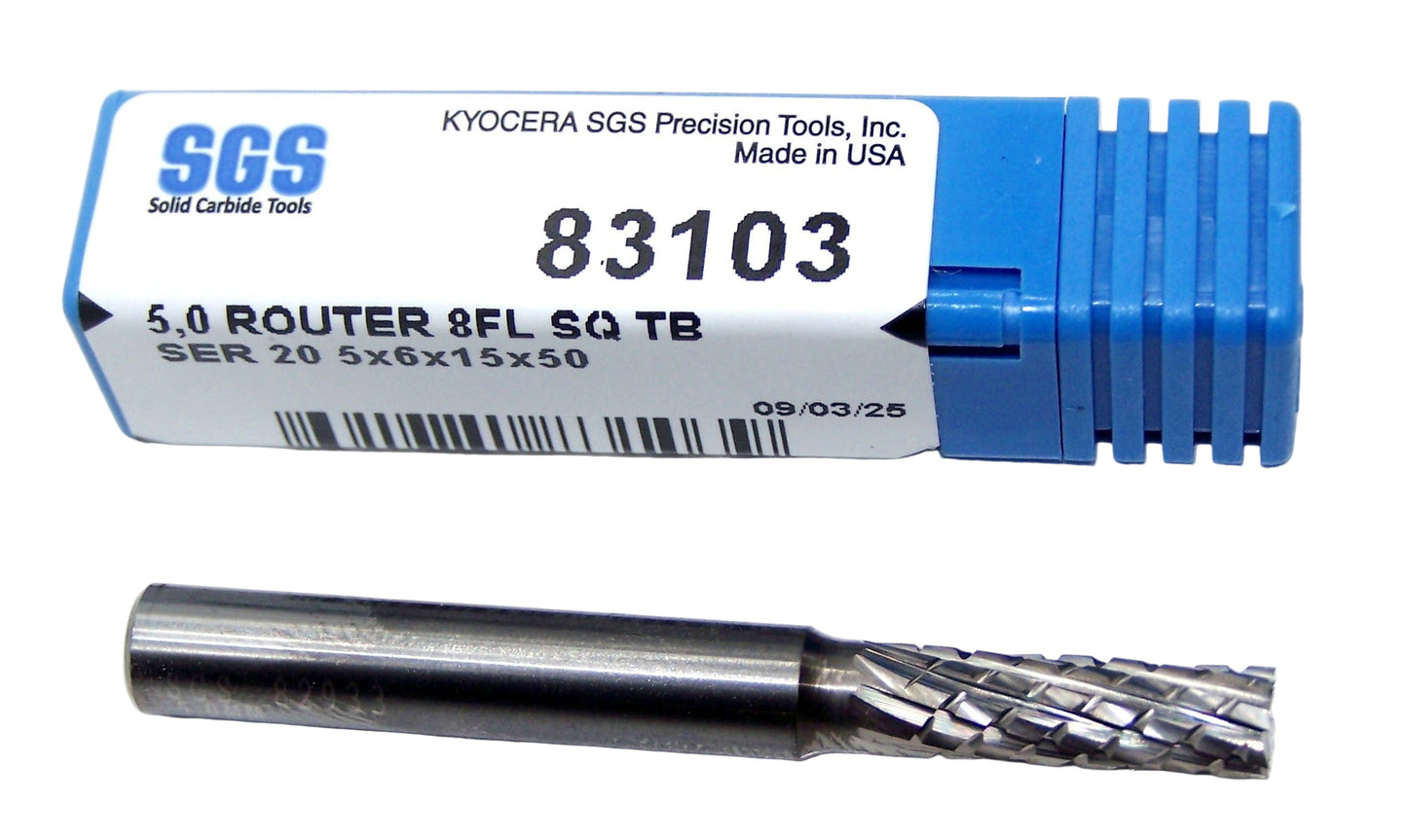83103 Kyocera SGS 5.00mm Carbide CFRP Router Square End TiB2 Coated 0.1969" Diameter .5906" Flute 1.96" Length 0.236" Shank