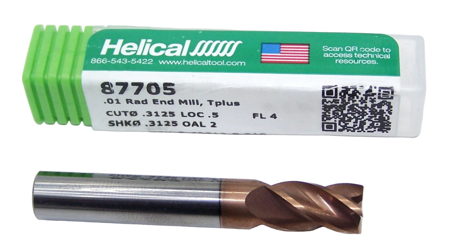 87705 Helical Solutions 5/16" Carbide 4 Flute End Mill .010" Radius .3125" Diameter .500" Flute 2.00" Length .3125" Shank HSV-S-40312-R.010