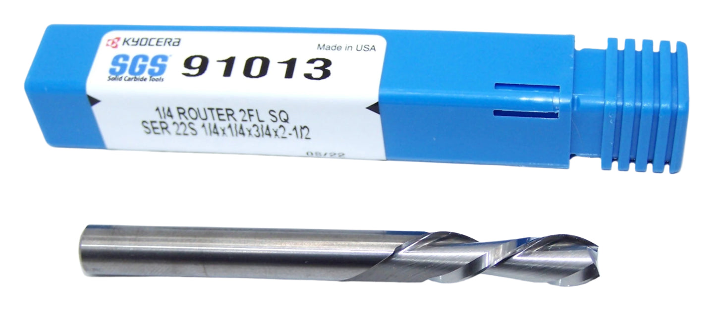 91013 SGS 1/4" Carbide 2 Flute Down Cut Router End Mill .250" Diameter .750" Flute 2.50" Length .250" Shank