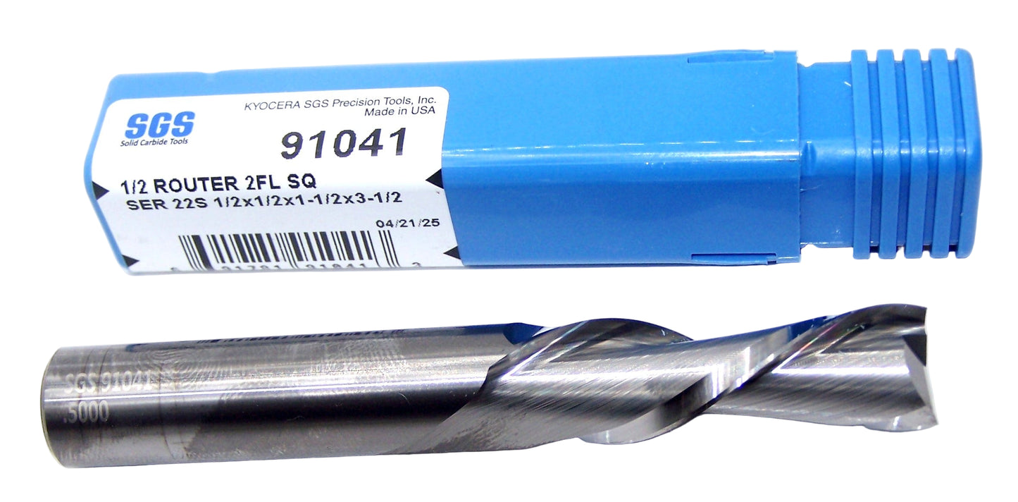 91041 SGS 1/2" Carbide 2 Flute Down Cut Router End Mill .500" Diameter 1.50" Flute 3.50" Length .500" Shank