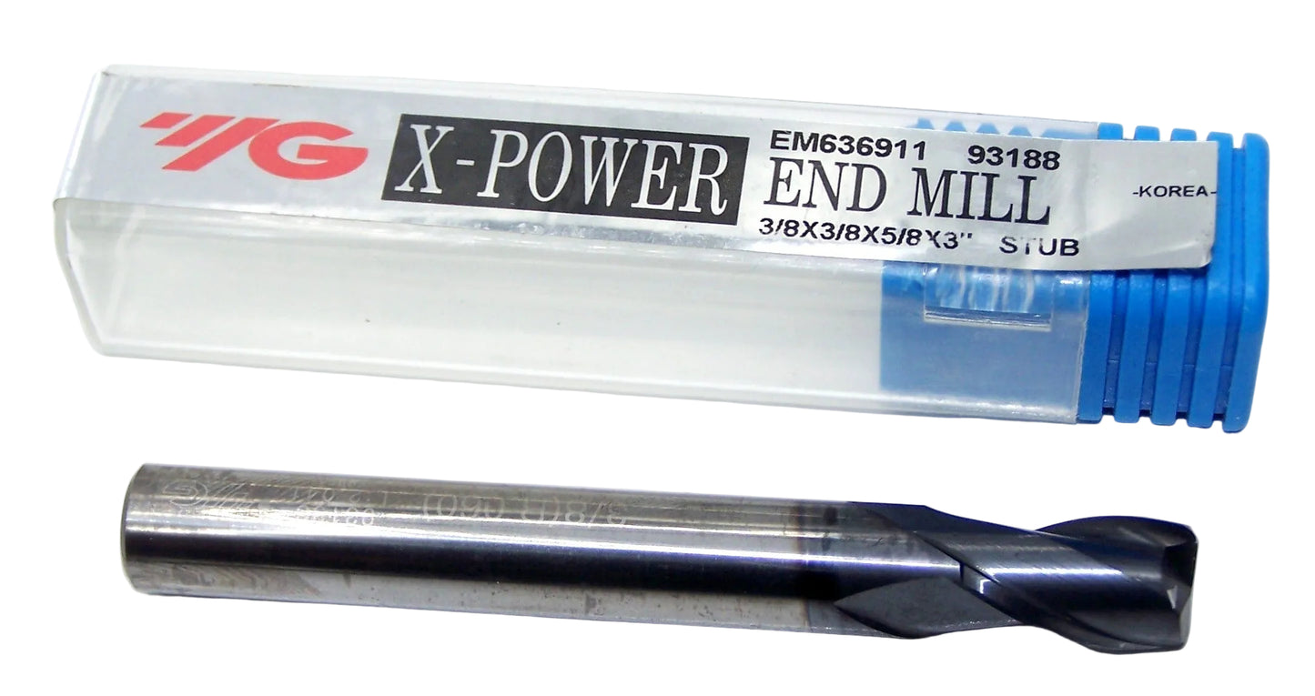 93188 YG1 3/8" Carbide 2 Flute End Mill X-Power for Hard Materials .060" Radius .375" Diameter 0.625" Flute 3.00" Length .375" Shank Stub