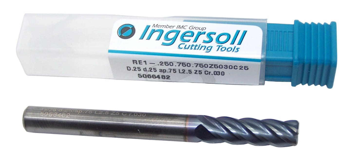 RE1-.250.750.750Z5030C25 Ingersoll 1/4" Carbide 5 Flute End Mill .030" Radius TiAlCN Coated .250" Diameter .750" Flute 2.50" Length .250" Shank RhinoRound (9589527)