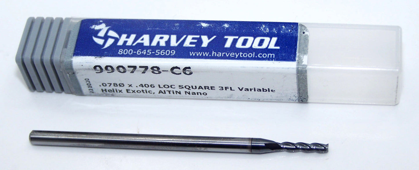 990778-C6 Harvey Tool 5/64" Carbide 3 Flute End Mill SQ AlTiN NANO Coated .0781" Diameter .406" Flute 2.50" Length 0.125" Shank