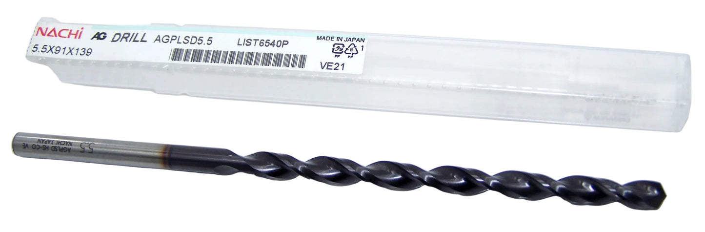 AGPLSD5.5X139 Nachi 5.50mm Long Deep Hole HSS-CO Drill .2165" Diameter 3.58" Flute 5.47" Length .3165" Shank 118° Point
