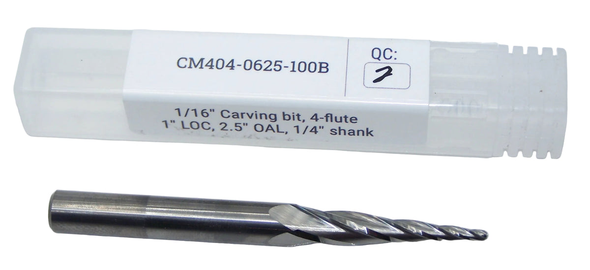 CM404-0625-100B Precise Bits 1/16" Carbide 4 Flute Tapered End Mill for Carving .0625" Diameter 1.00" Flute 2.50" Length .250" shank