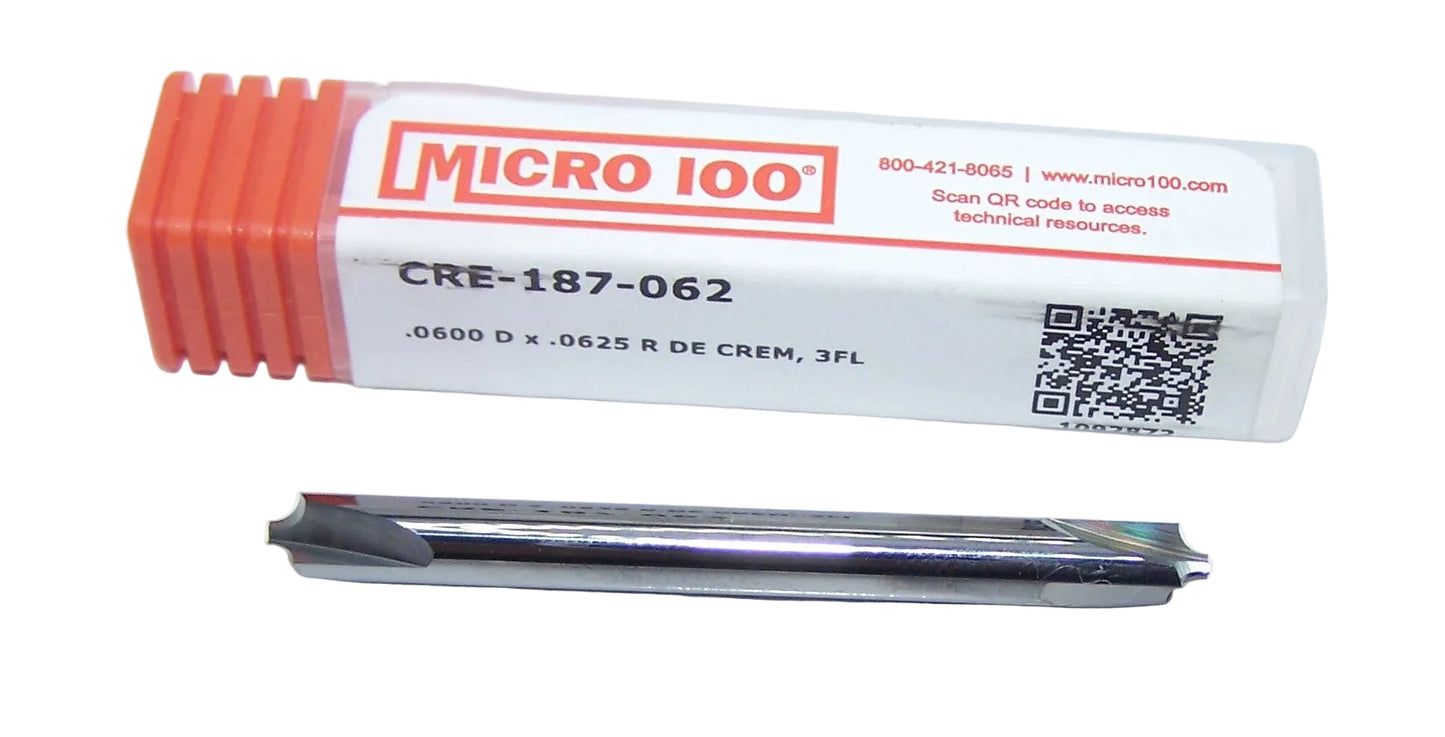 CRE-187-062 Micro100 .0625" Radius Carbide Corner Rounding End Mill .060" Pilot Diameter 2.00" Length .187" Shank Double Ended