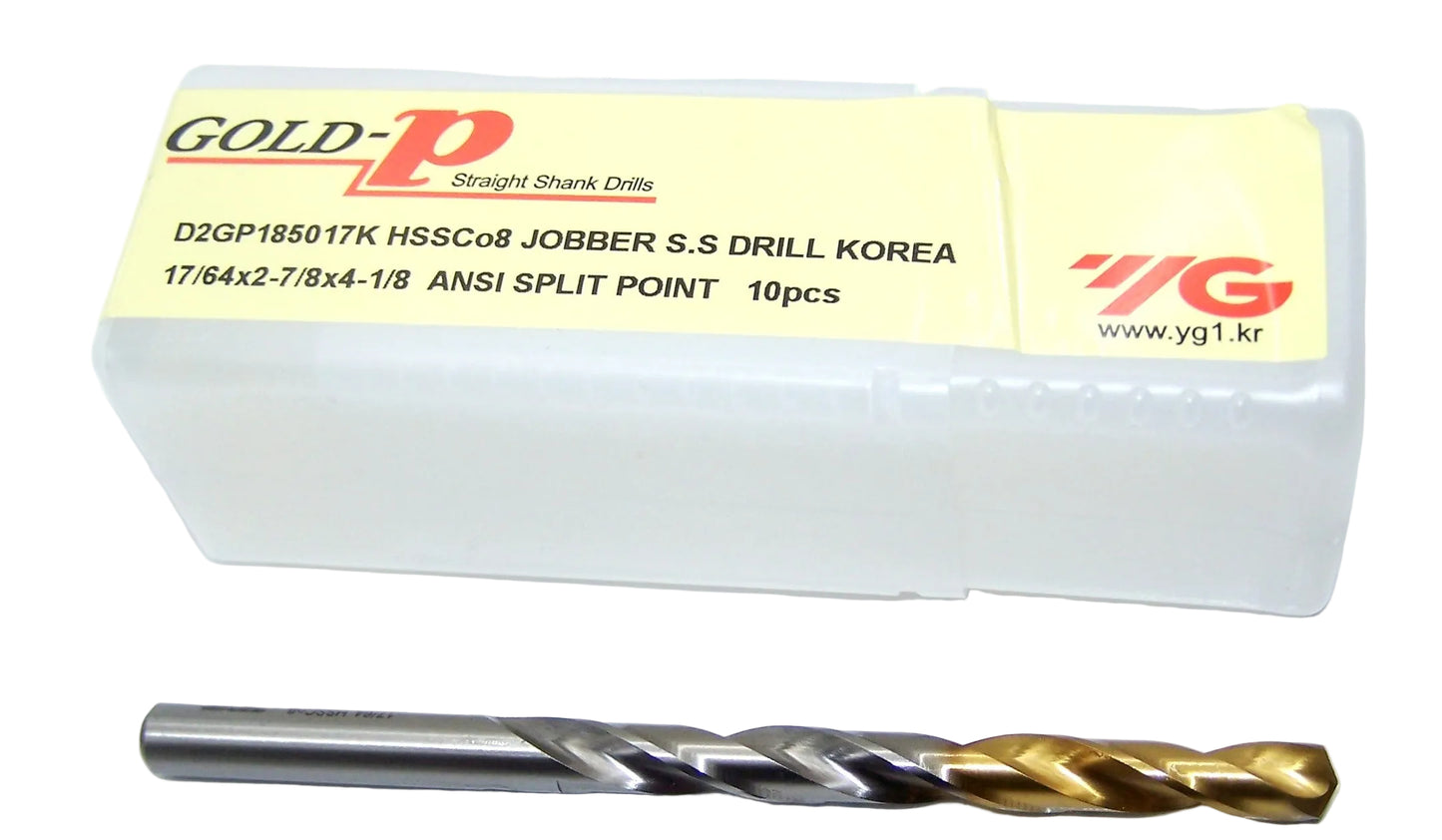 YG-1 D2GP185017 Gold-P HSS-Co8 Cobalt Jobber Drill Bit, 17/64" Diameter, 135° Split Point, TiN Coated
