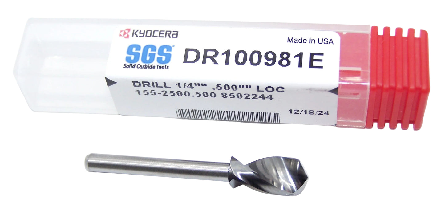 DR100981E Kyocera SGS 1/4" Carbide 2 Flute Drill Bit PCB Type 0.2500" Diameter 0.500" Flute 1.5" Length 0.125" Shank 130° Point (155-2500.500)