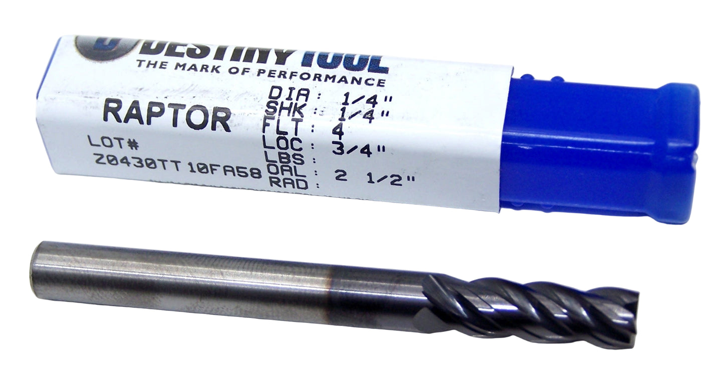 DVH41612C Destiny Tool 1/4" Carbide 4 Flute End Mill SQ .2500" Diameter .750" Flute 2.50" Length