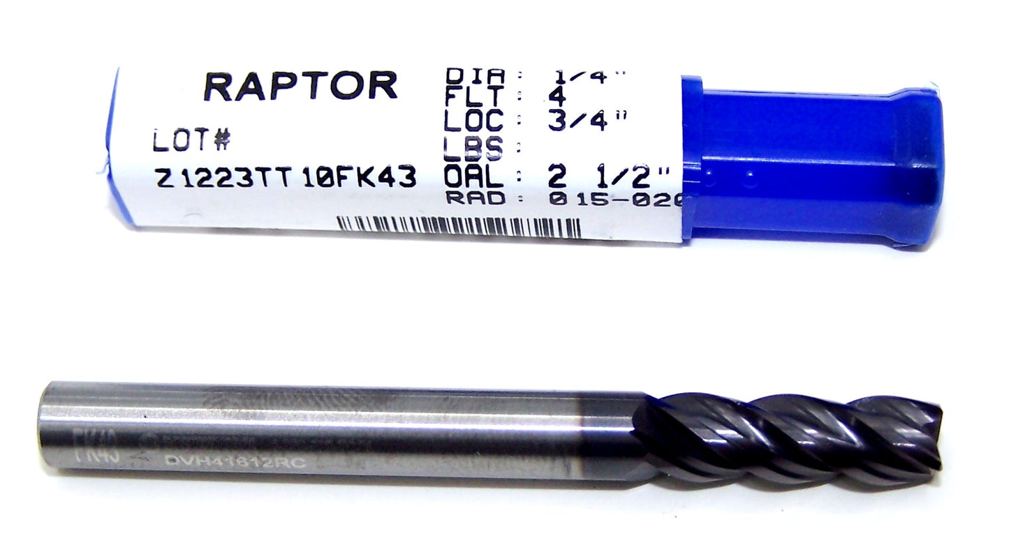 DVH41612RC Destiny Tool 1/4" Carbide 4 Flute End Mill .2500" Diameter .750" Flute 2.50" Length .020" Radius