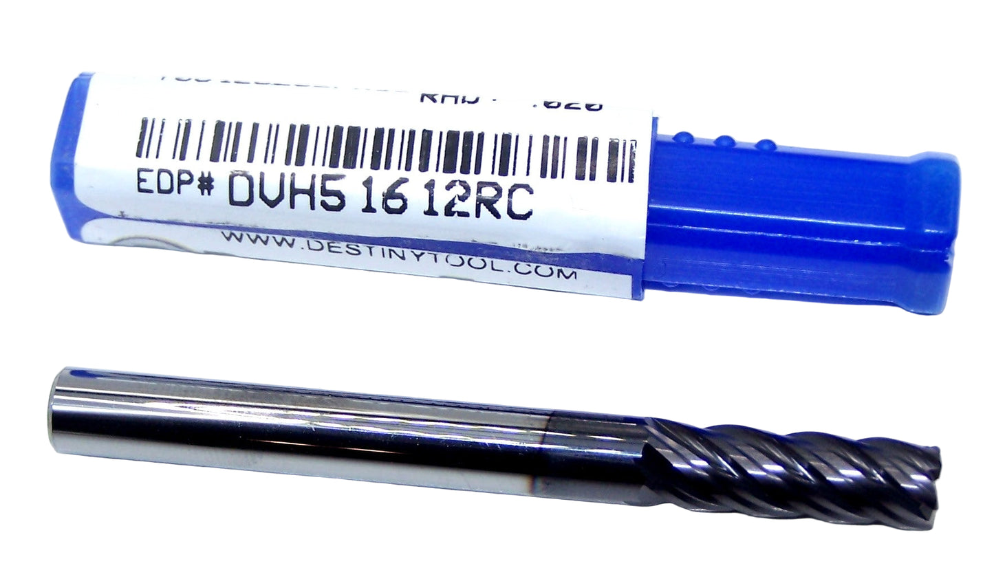 DVH51612RC Destiny Tool 1/4" Carbide 5 Flute End Mill .020" Radius TiAlN .250" Diameter .750" Flute 2.50" Length .250" Shank