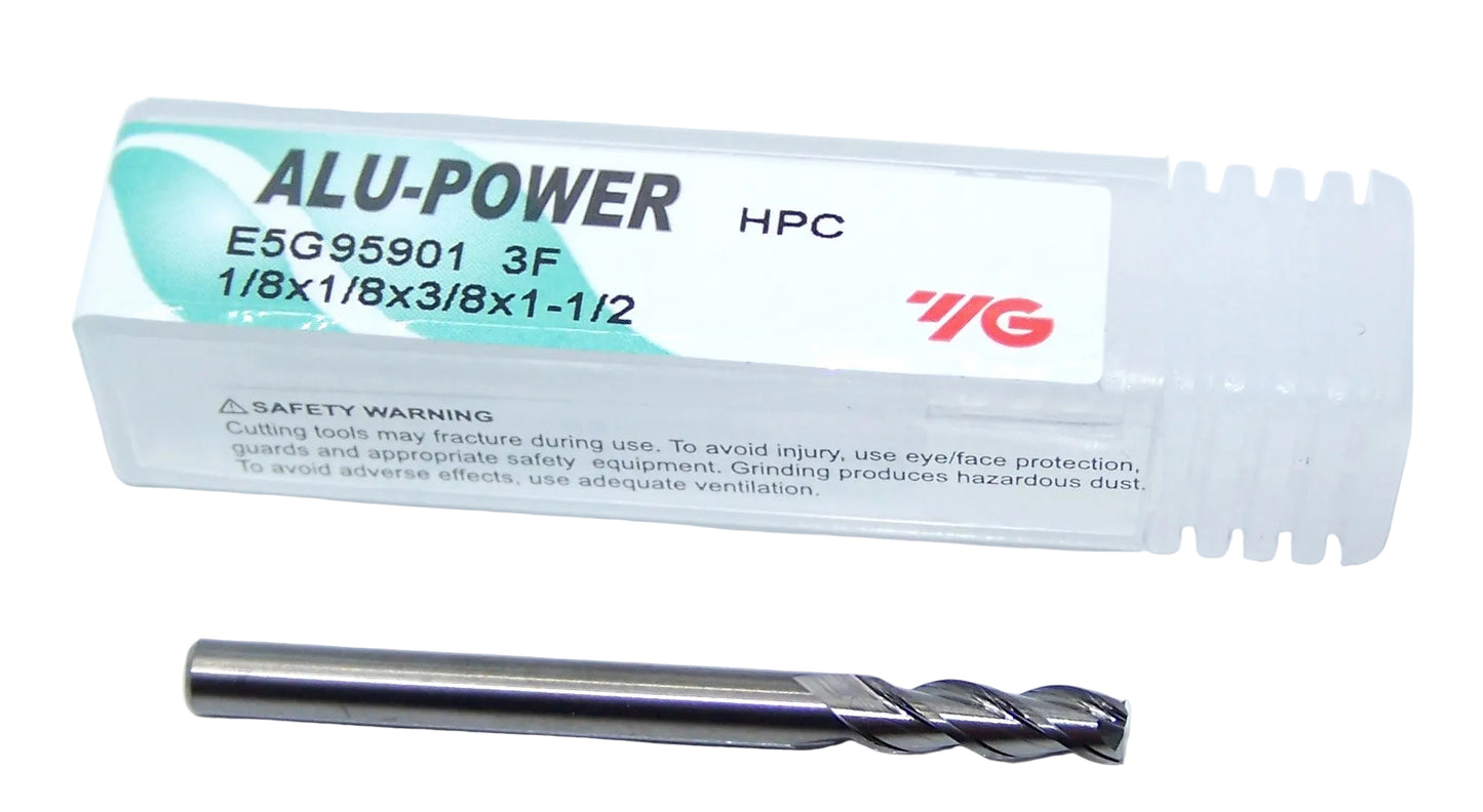 E5G95901 YG1 1/8" Carbide 3 Flute End Mill ALU-POWER HPC for Aluminum Square .1250" Diameter .375" Flute 1.50" OAL .125" Shank